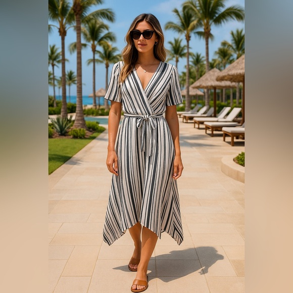 NEW Maurices Striped Flutter Sleeve Dress Shark Bite Hem White Black XS 110094 - Picture 17 of 17